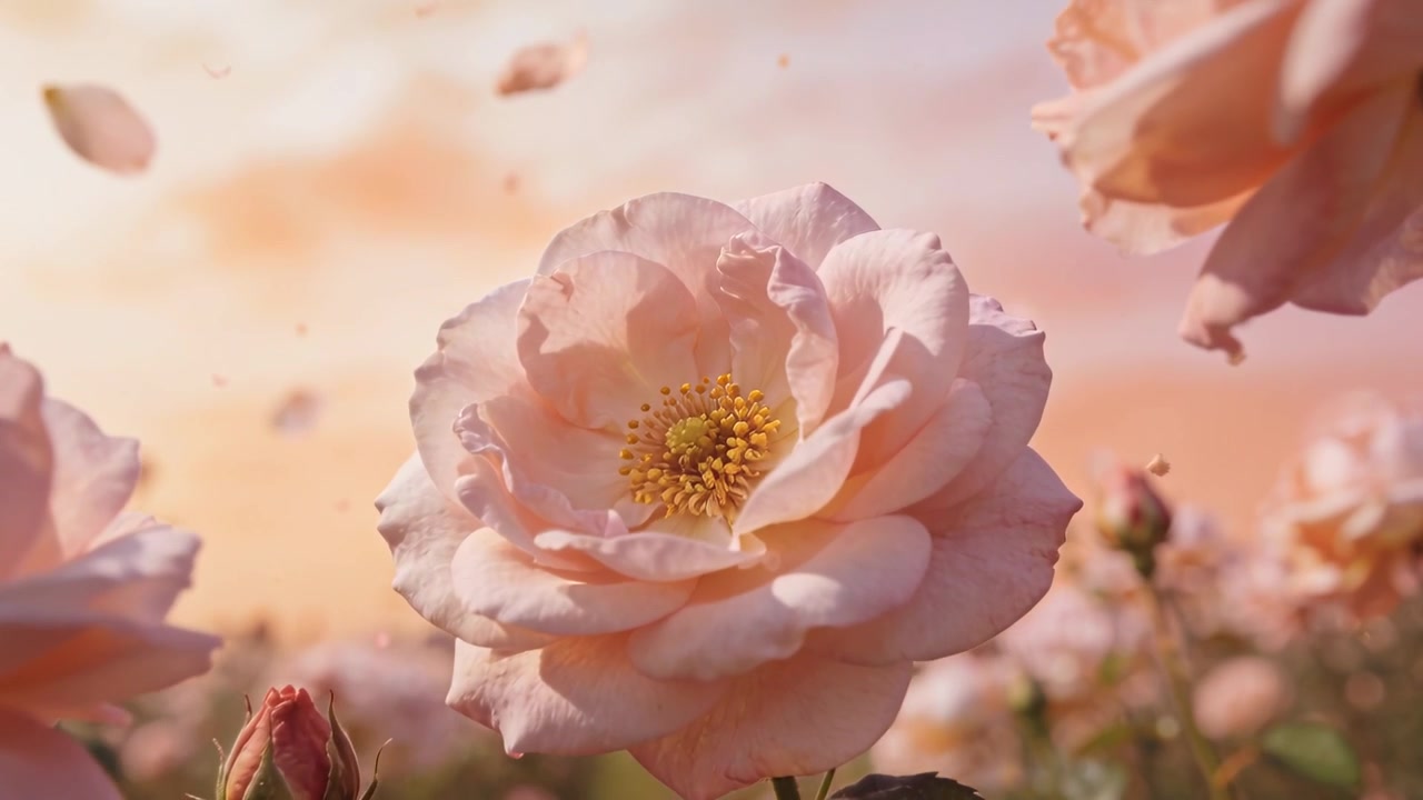 Una leggera brezza che muove una singola rosa color pesca-rosa che gira e perde petali in un campo di rose al tramonto.
