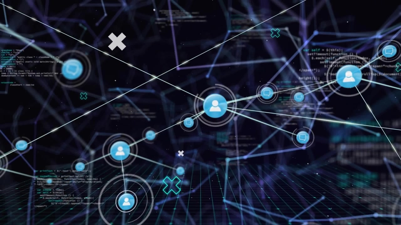 Animation af netværk af forbindelser med ikoner og databehandling på sort baggrund