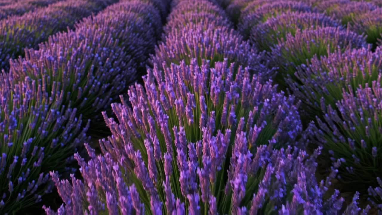 Fields of lavender stretch across the landscape, bathed in the warm glow of the setting sun. The scene captures the beauty of blooming lavender plants, showcasing their rich purple hues against the green foliage. Light gently dances on the blossoms, creating a serene atmosphere that highlights the c