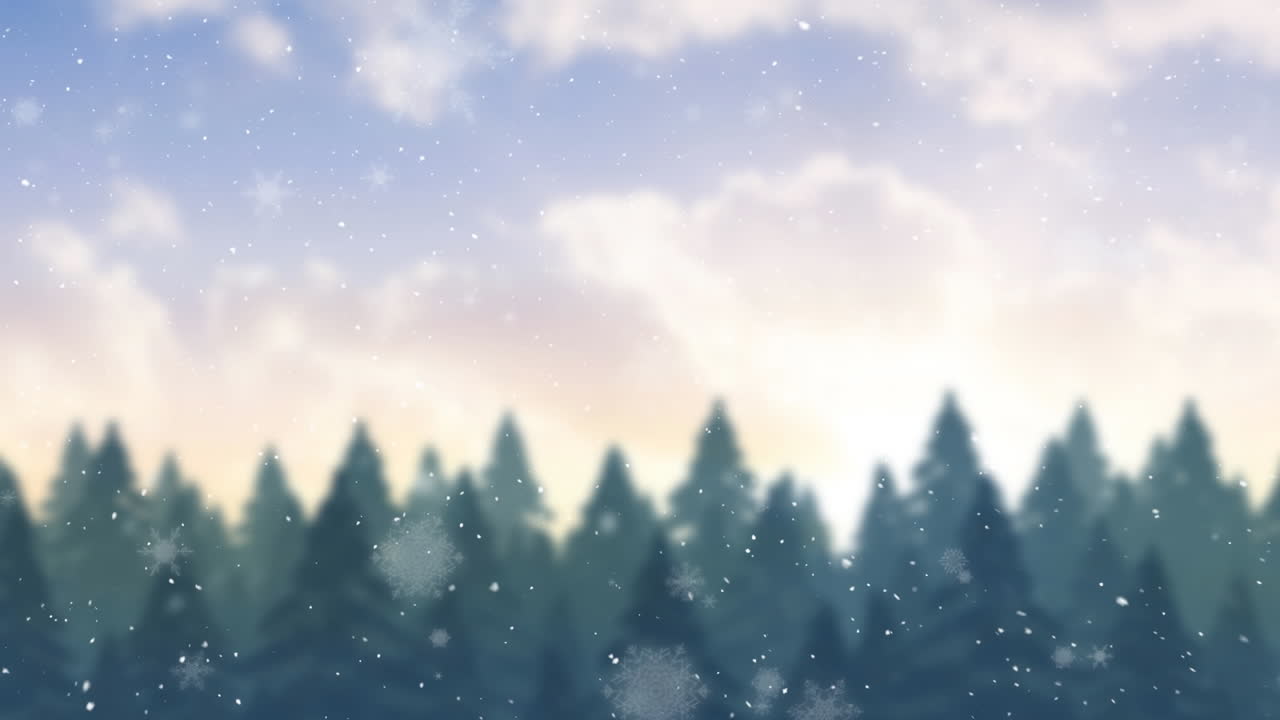 하늘의 구름에 대항하여 겨울 풍경에 여러 나무에 눈이 내리고 있습니다.