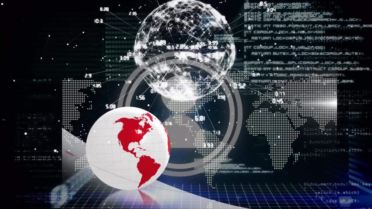 Animation of data processing over globe on dark background