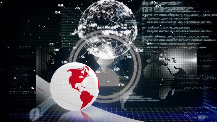 Animation of data processing over globe on dark background