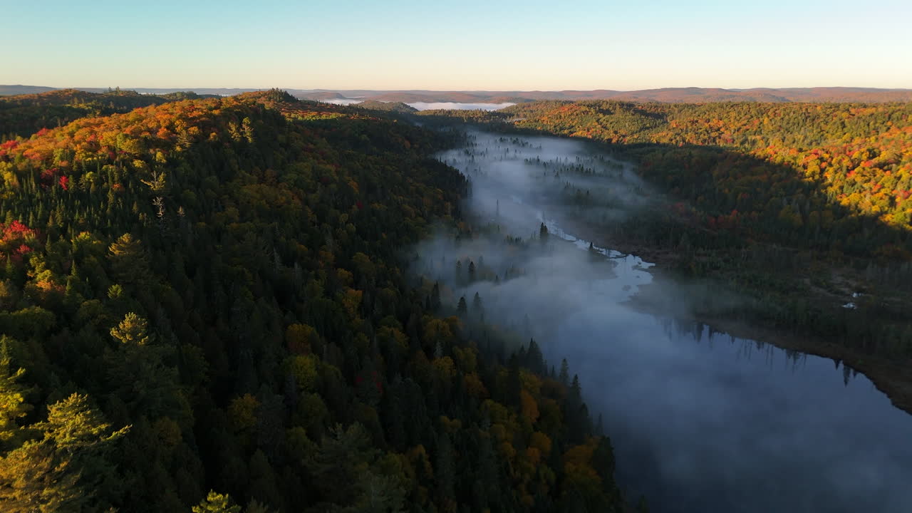 Aerial view of autumn forest and mountains in vivid colors with morning fog in Mauricie, Quebec, Canada. Soft sunlight illuminates the colorful foliage over peaceful wilderness