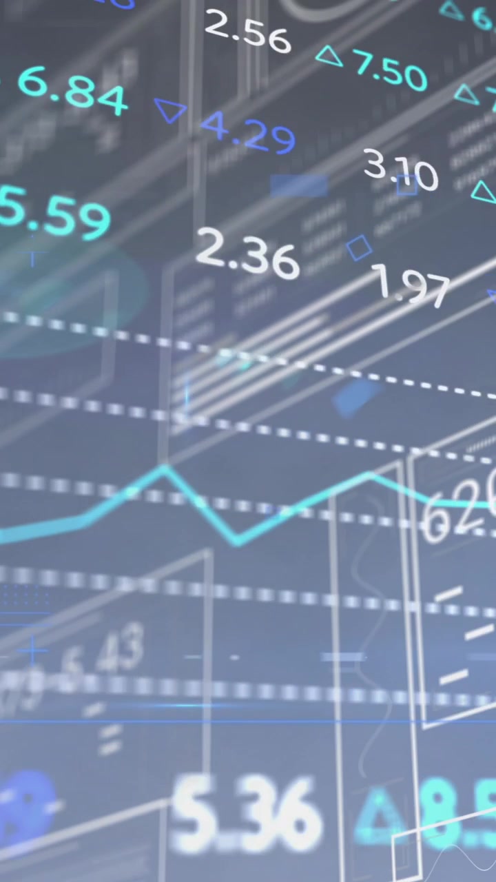 Animazione di elaborazione dati di mercato azionario su interfaccia con dati in elaborazione su sfondo grigio