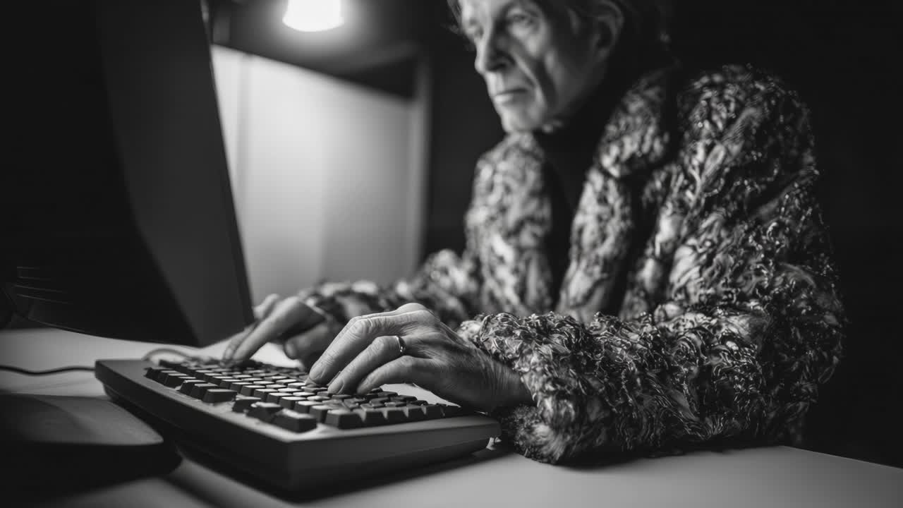 Et eftertænksomt øjeblik fanget i monokrom: en ældre person, der taster eftertænksomt på et computertastatur, der viser dedikation og fokus i et hyggeligt, dæmpet belyst miljø