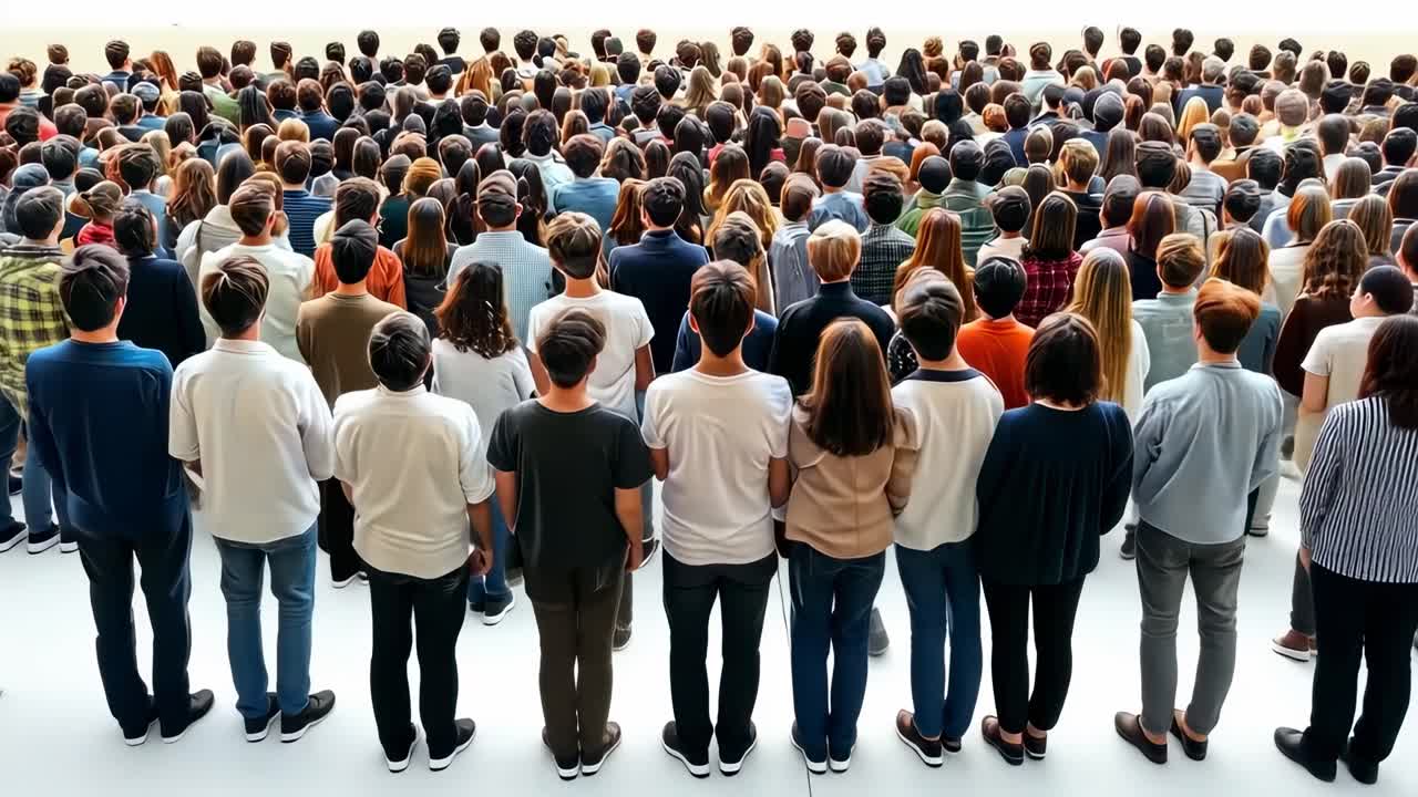 Aerial view of a diverse crowd standing closely, creating a sense of unity and community, suitable