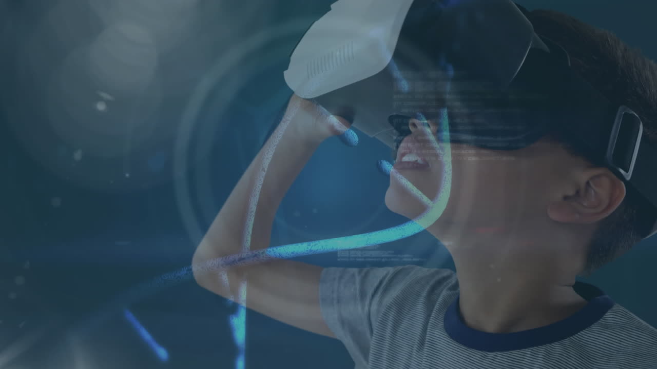 Video composito digitale di ragazzo che usa un visore per realtà virtuale 4k