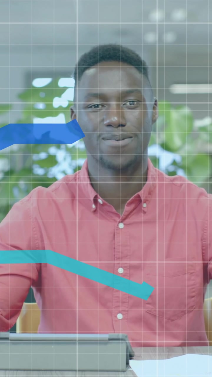 Animation of financial data processing over african american businessman in office