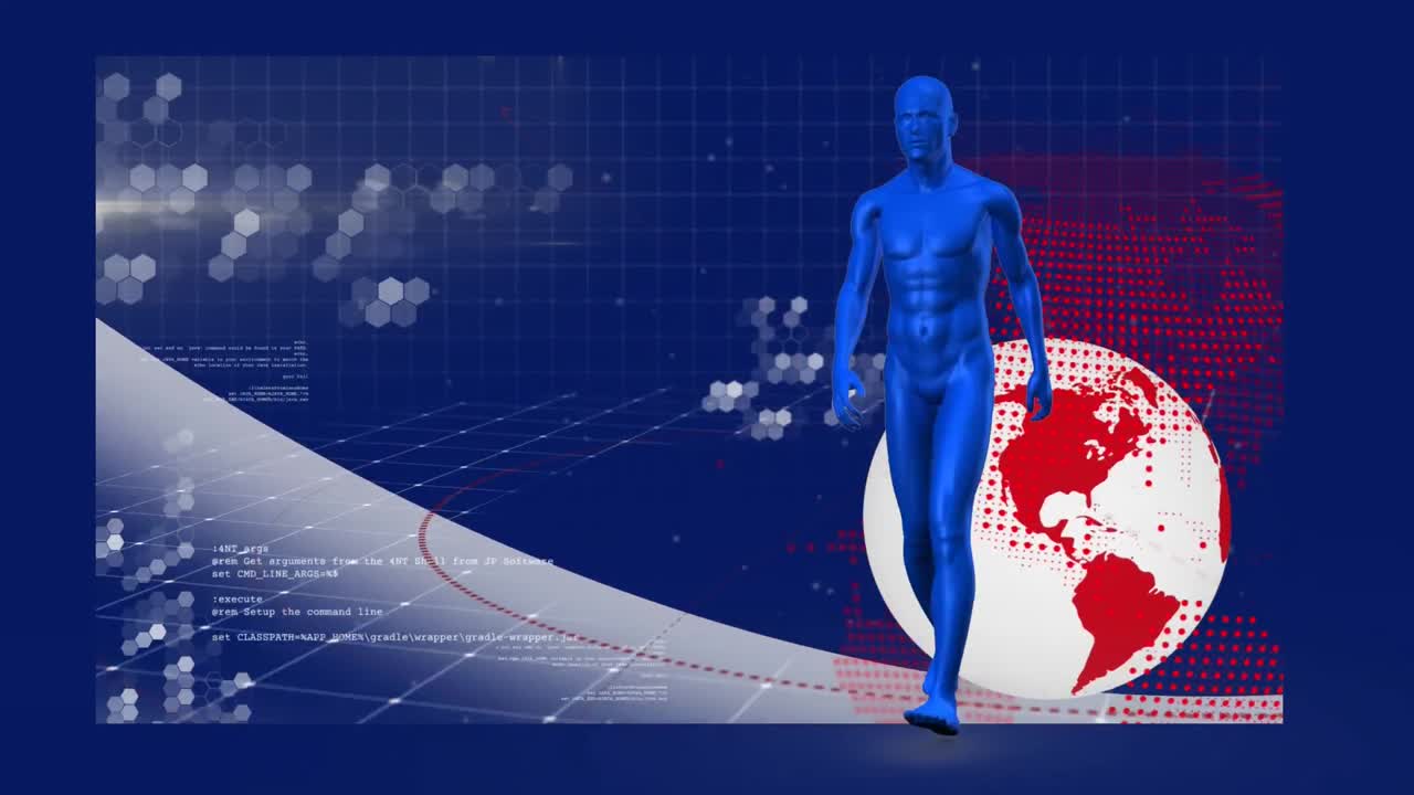 파란색 배경에 데이터 처리를 통해 전 세계에 걸쳐 디지털 인간 모델의 애니메이션