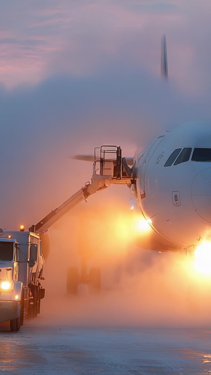 Una aeronave siendo sometida a deshielo en una pista nevada, con un vehículo de servicio rociando líquido caliente para prevenir la acumulación de hielo bajo un cielo brumoso y colorido al amanecer.