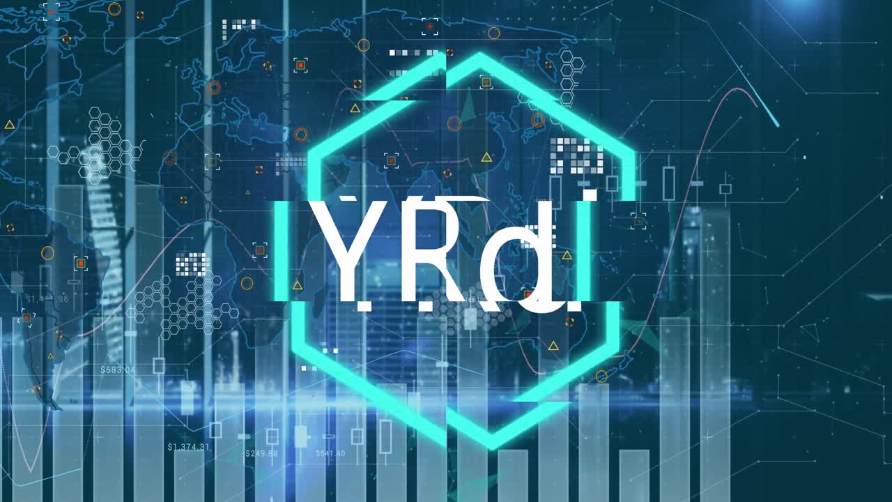 animación del símbolo nft sobre gráfico y procesamiento de datos sobre mapa del mundo en fondo azul