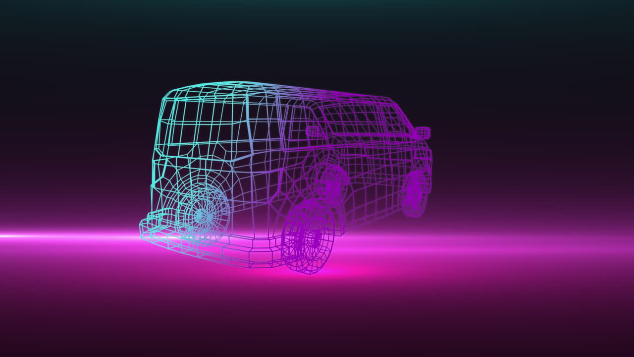 animación de un modelo 3d de coche girando con rastros de luz brillante rosa sobre fondo negro
