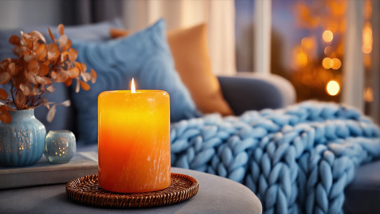 En koselig kveldsstemning: Et tent oransje lys blant myke teksturer og varme farger som innbyr til avslapning og hygge i et stilfullt stuemiljø