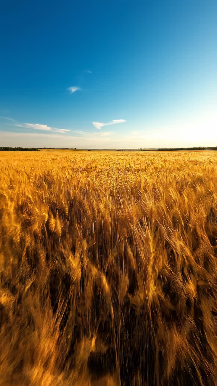 Campo de Trigo Dourado Ondulando ao Vento Sob um Céu Azul