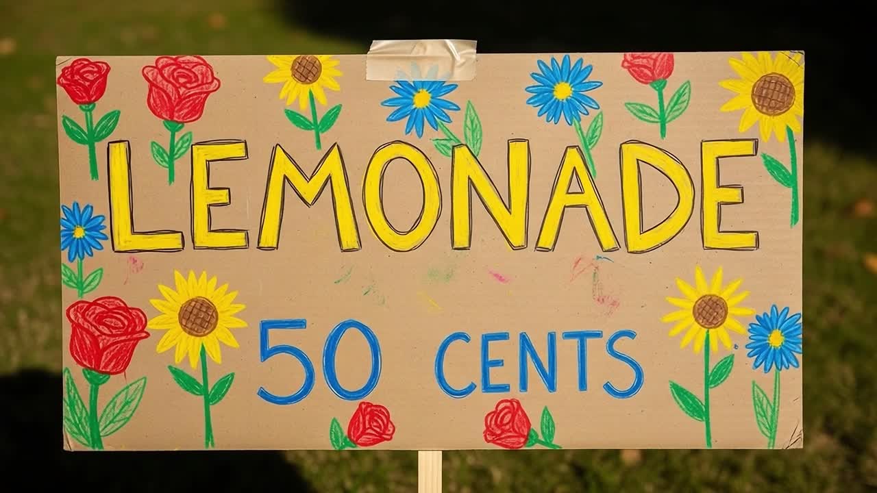 Vibrantly Handcrafted Lemonade Stand Sign with Colorful Flowers and Clear Pricing, Inviting Customers with a Nostalgic Appeal in a Sunny Environment