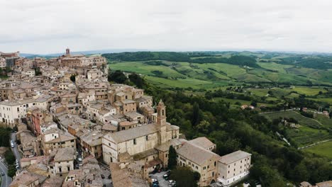 aerial view of montepulciano, tuscany looking out over the neighboring farmland