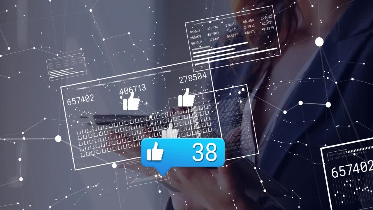 Woman tapping tablet in office, animating data panels and increasing like counters for marketing