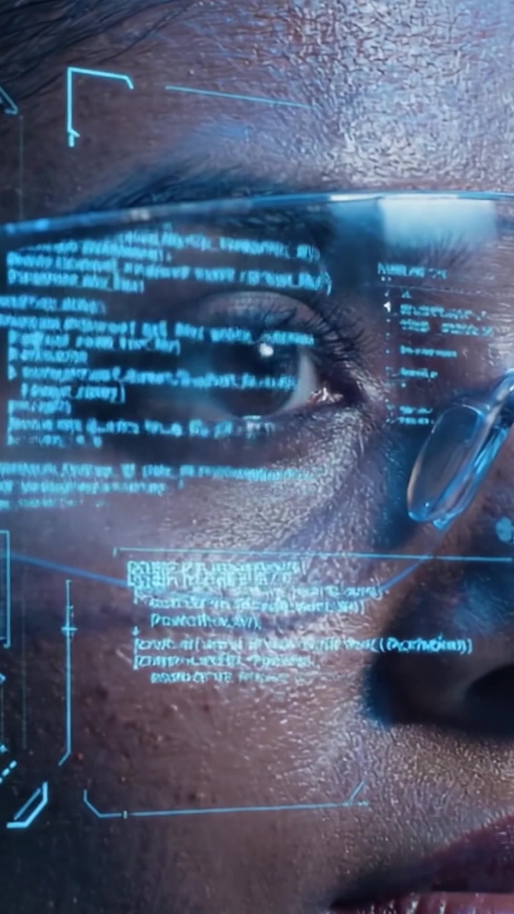 A Close-Up of a Focused Individual Wearing Protective Glasses, Displaying Reflections of Digital Code, Symbolizing the Intersection of Technology and Human Ingenuity