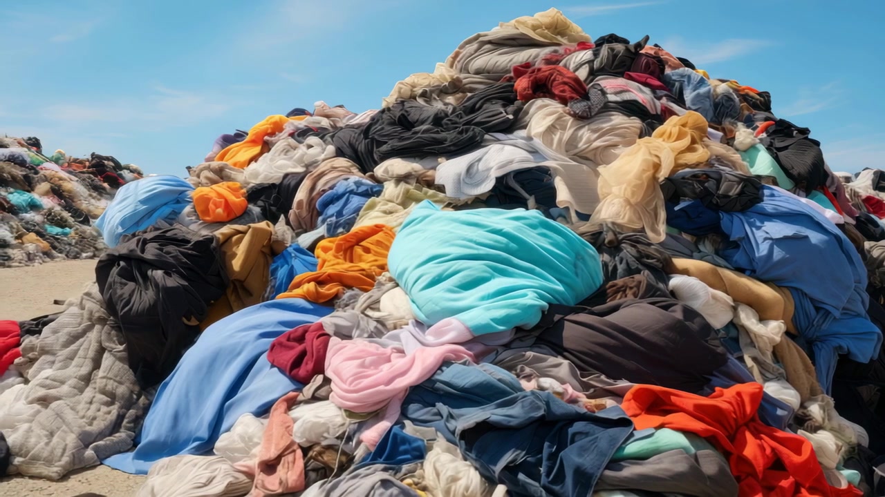 Massive Pile of Discarded Clothes and Textile Waste in Landfill