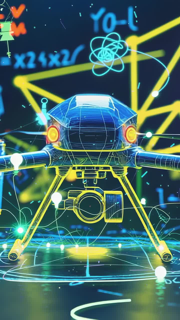 Vertical video: Opening virtual lab revealing neon drone hovering above grid projecting data nodes