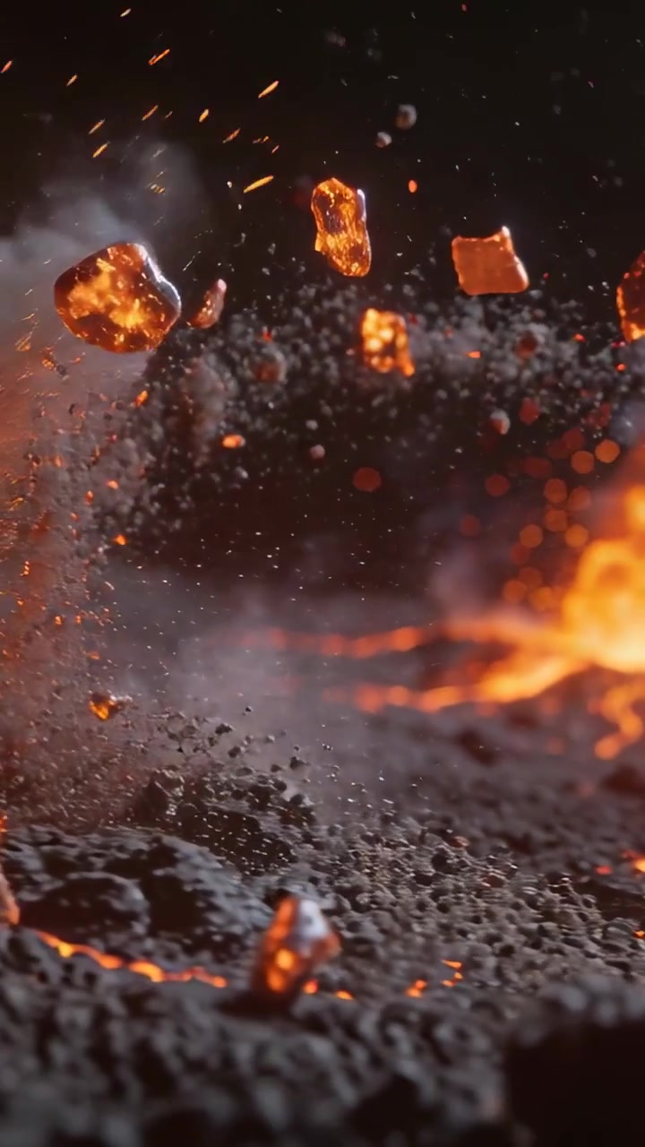 Vertical video: Launching glowing embers from erupting vent, fragments drifting over cracked lava