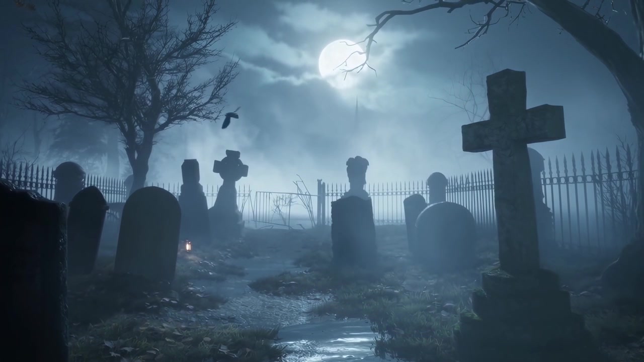 Un cimitero inquietante di notte con la luna piena e la nebbia