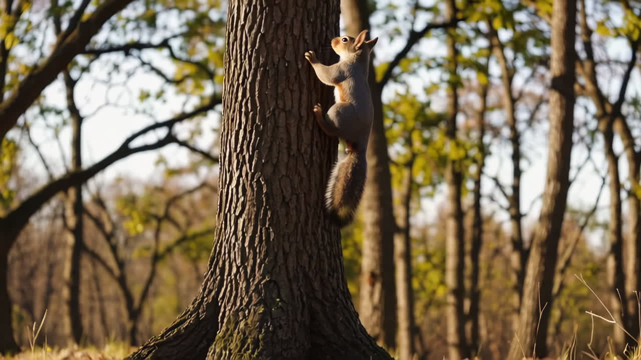 Squirrel Climbing a Tree in Autumn Forest