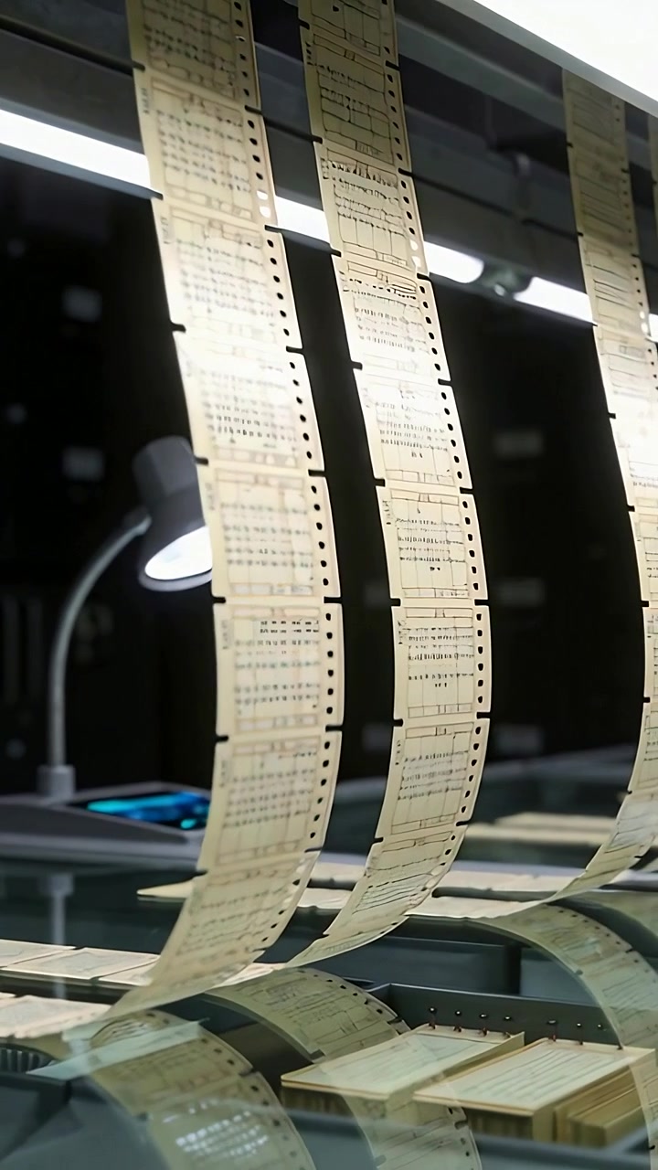 Vertical video: Swaying punchcard strips shifting over glass table in archive by slight draft, lamp