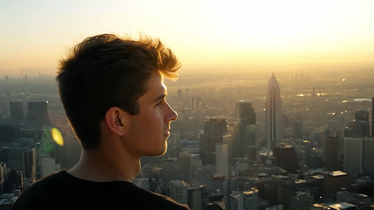 해가 뜨는 동안 도시 스카이라인을 바라보는 남자