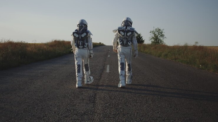 Two children in astronaut suits walking down a country road.