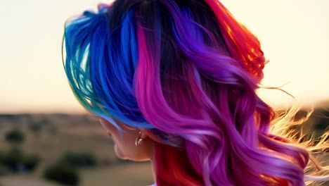 woman with colorful hair in a field at sunset