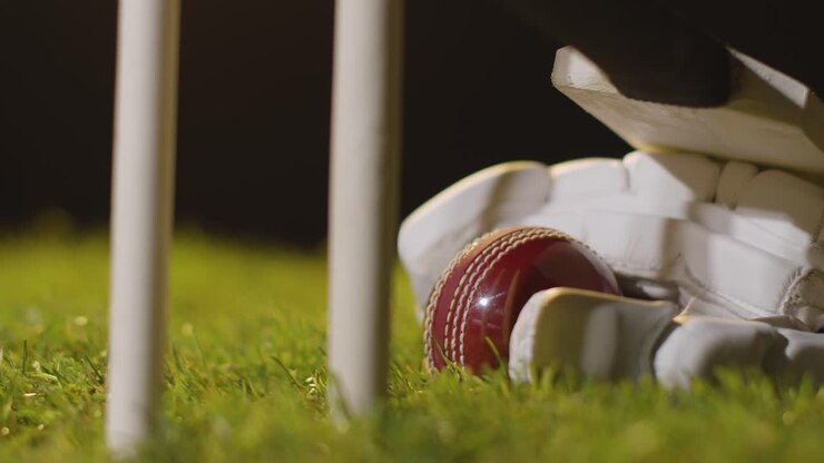 Natura morta di cricket con primo piano di mazza, palla e guanti che giacciono sull'erba dietro i paletti 3