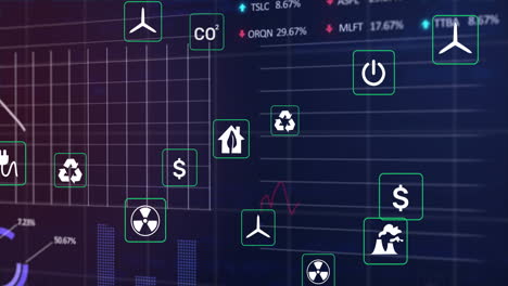 animación de una red de iconos ecológicos y respetuosos con el medio ambiente sobre el procesamiento de datos