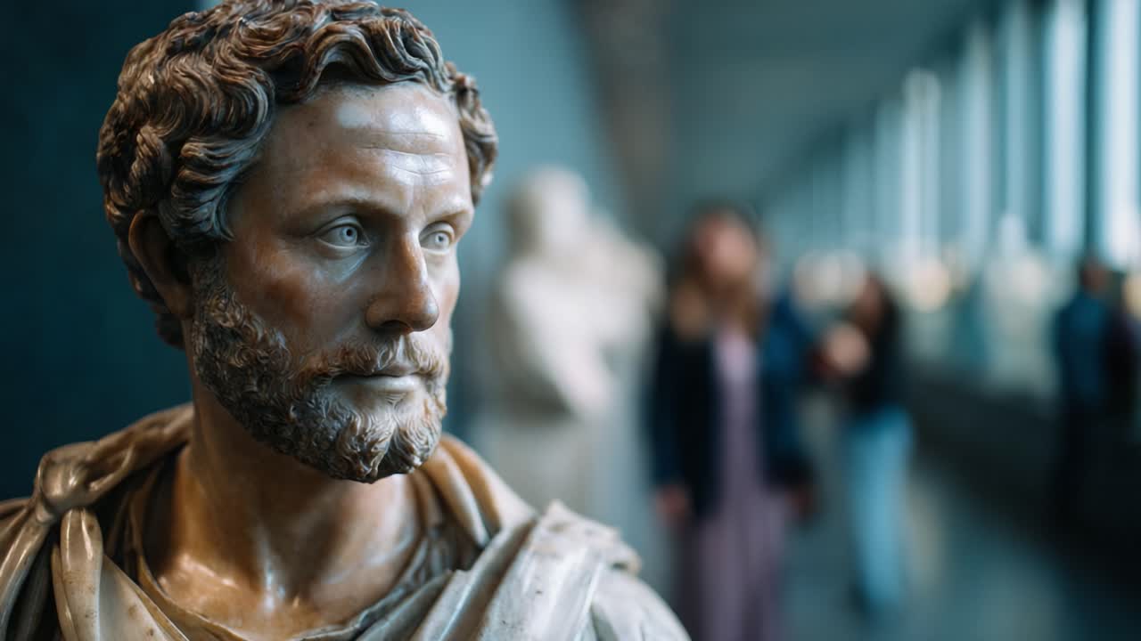 Vista dettagliata di una scultura antica che mette in risalto i dettagli e le espressioni, in un ambiente museale con visitatori che osservano sullo sfondo