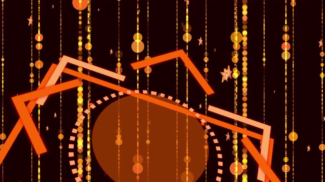 검은 바탕에 움직이는 오렌지색 빛나는 별과 사각형의 디지털로 생성된 비디오