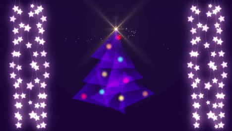 Digital-Christmas-tree-against-strings-of-fairy-lights