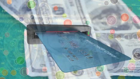 animación de billetes de dólar estadounidense que caen sobre una tarjeta de crédito en un cajero automático