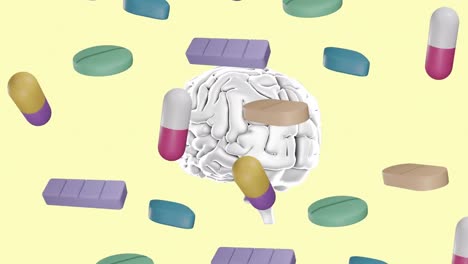 Animation-of-floating-pills-and-brain-on-beige-background