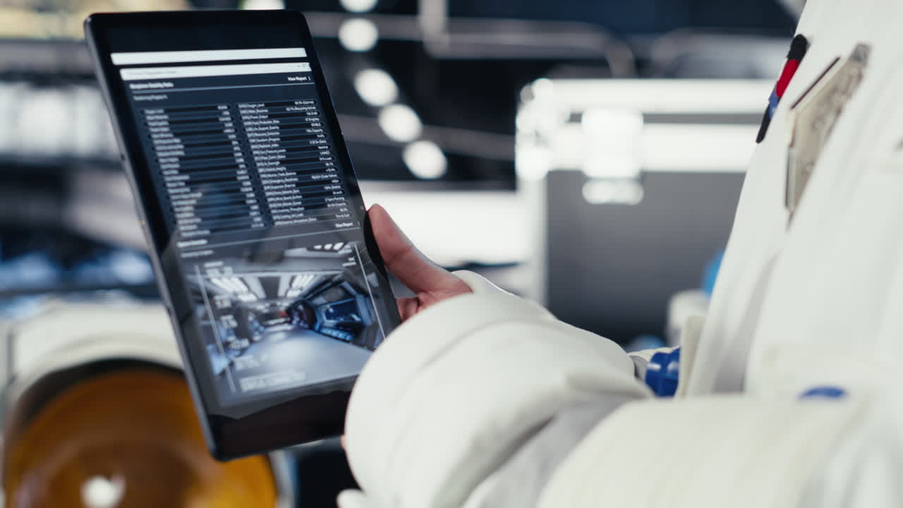 Close up of cosmonaut studying mission plans on device