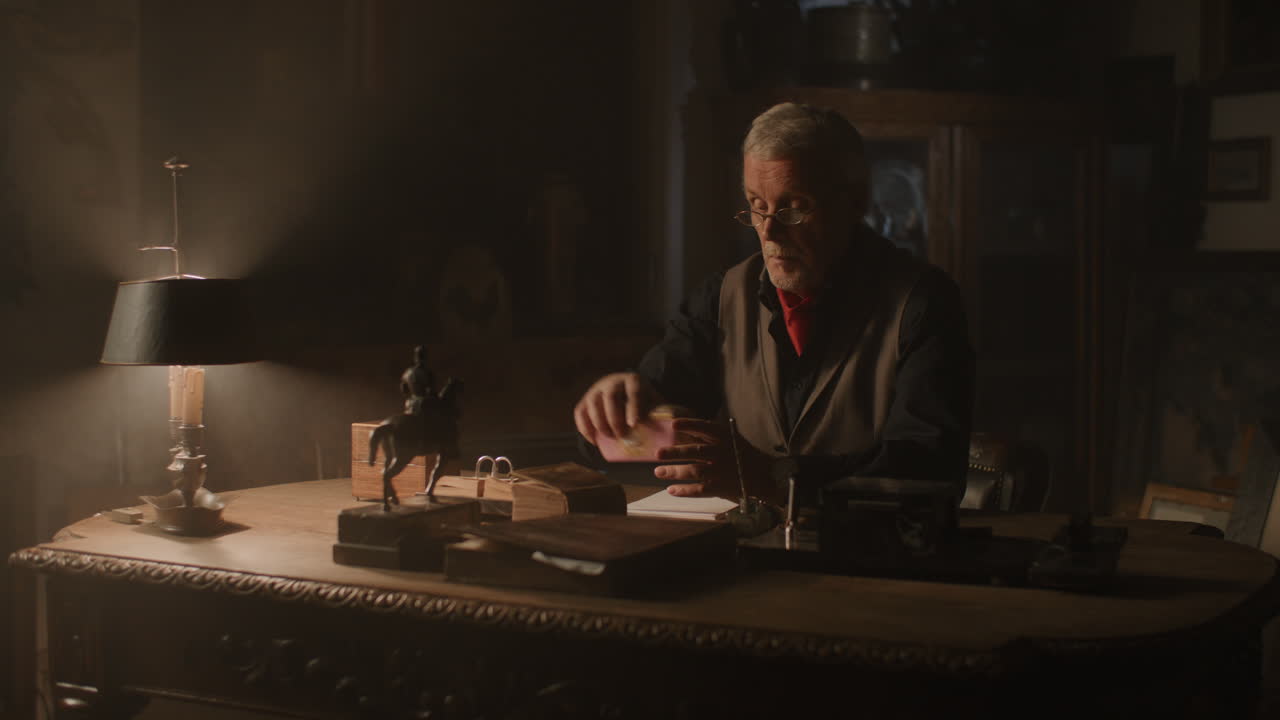 Older passionate man evaluates an old porcelain box