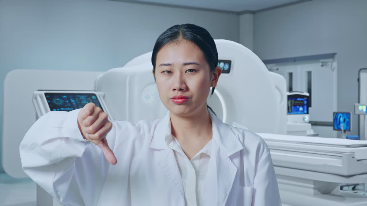Close Up Of Asian Woman Doctor Showing Thumbs Down Gesture While Standing With Mri Machine In The Hospital