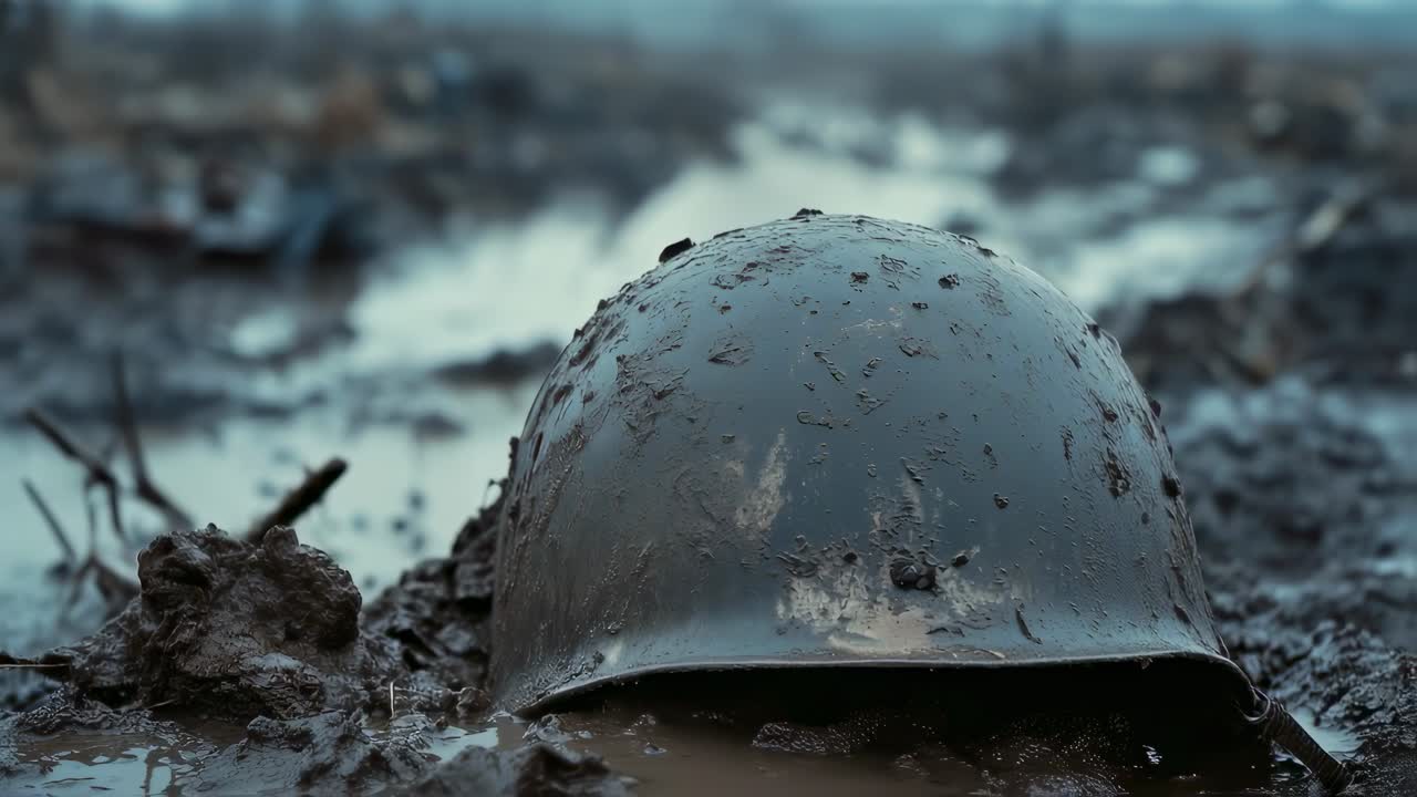 Weathered military helmet resting in muddy terrain, surrounded by barbed wire, symbolizing brutal aftermath of armed conflict and soldier's sacrifice