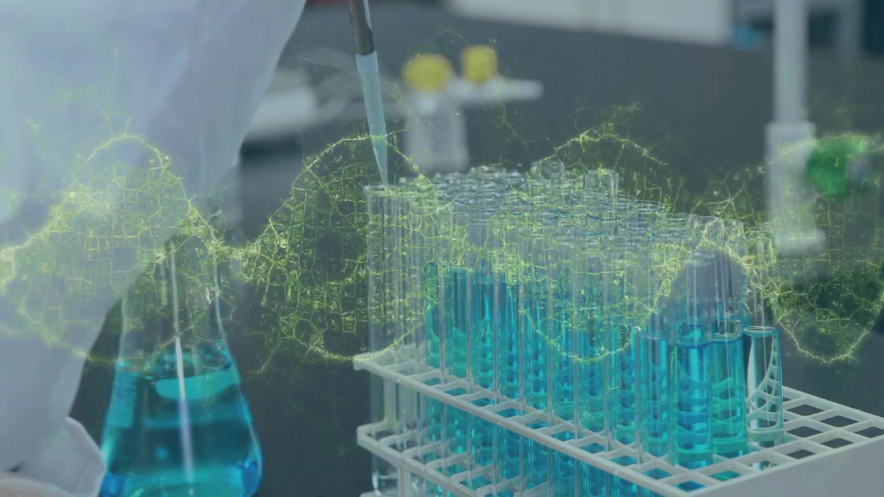DNA waveform materializing, gloved hand lowering pipette, dispensing into blue tubes for analysis