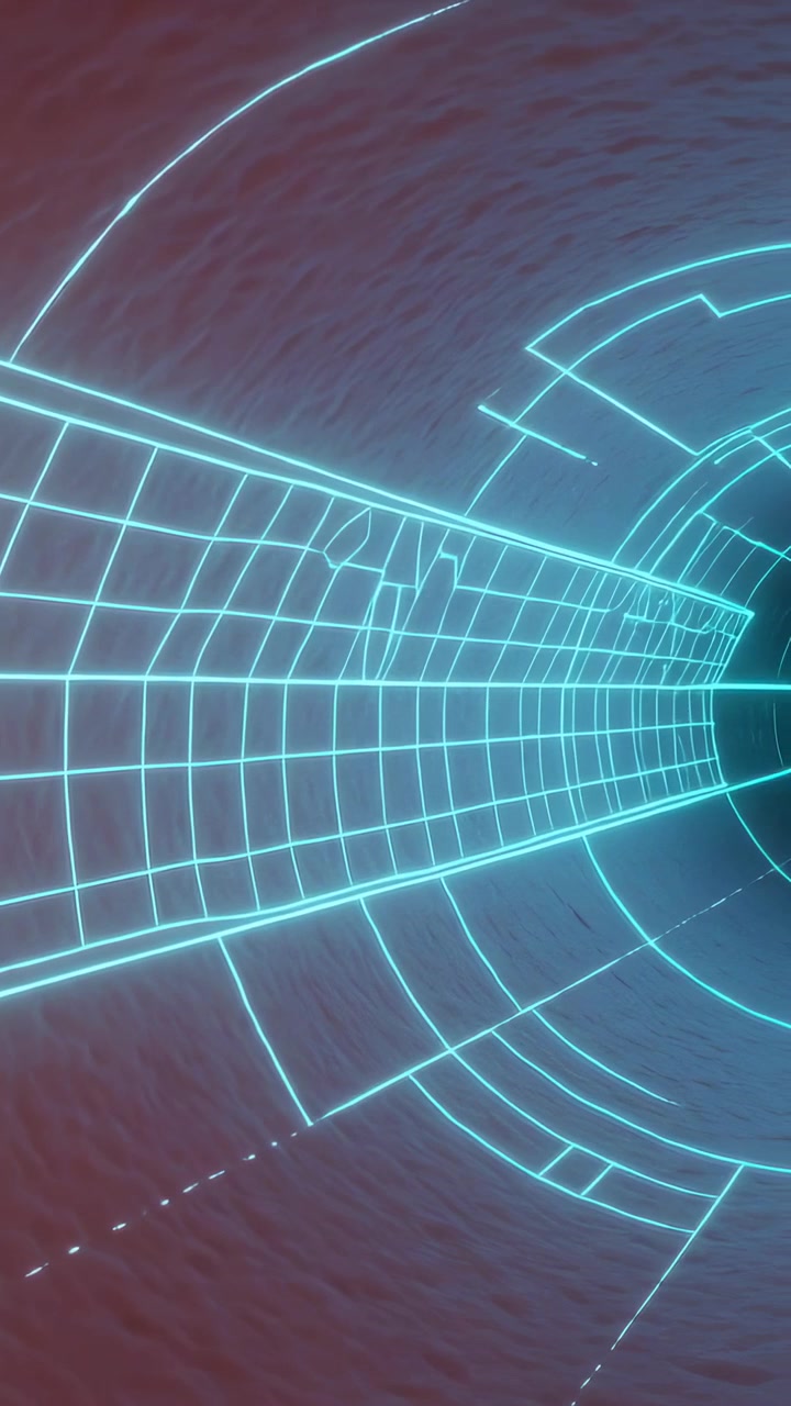 Vertical video: Starting play moving cyan grid toward ringed portal in virtual tube showing cracks