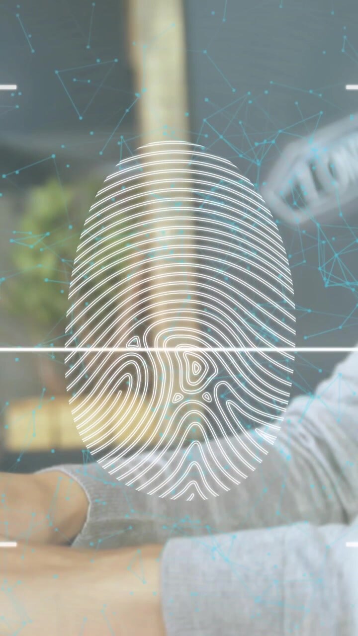 Animation of fingerprint and network of connections over woman using laptop