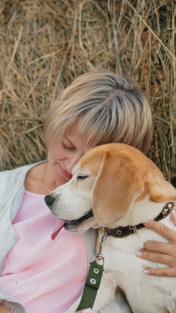 한 여자가 개를 가까이 붙잡고 애정으로 만지며, 광활한 농장에서  에 어 머리를 고, 개 머리에 머리를 놓고, 야외에서 사랑과 평화의 순간을 나누고 있습니다.