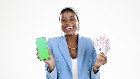 Phone,-money-and-green-screen-with-a-black-woman