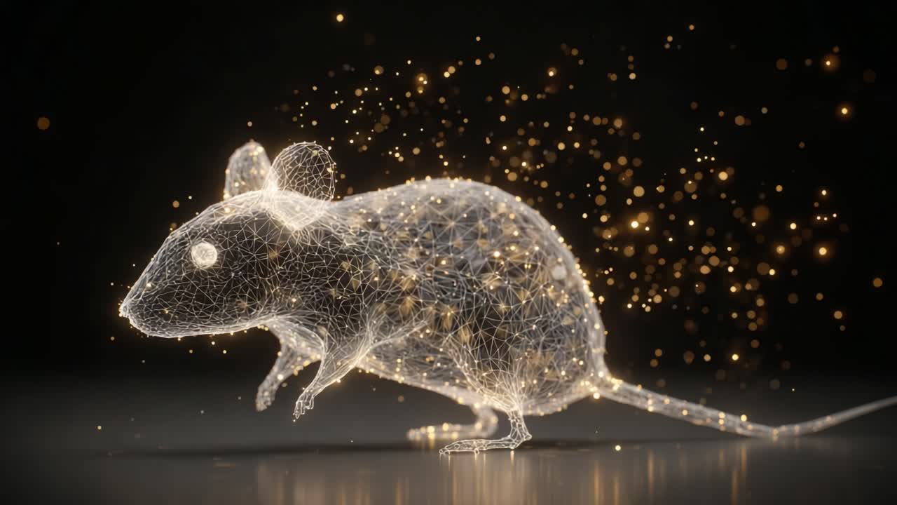 Una rappresentazione ipnotica di un mouse wireframe luminoso, che mette in mostra intricati motivi geometrici ed elementi scintillanti che creano un'esperienza visiva eterea e accattivante