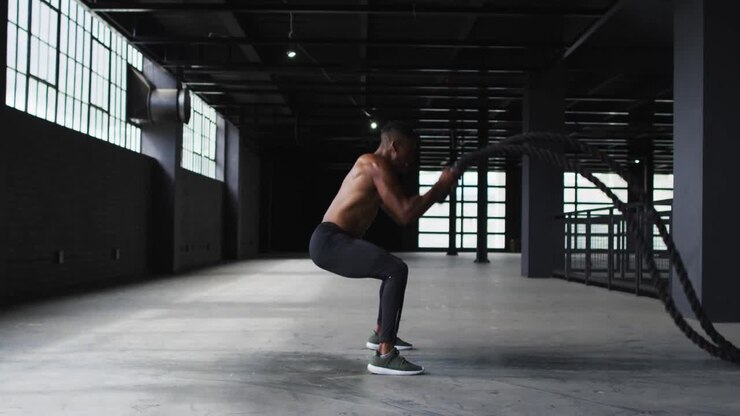 African american man exercising battling ropes in an empty urban building