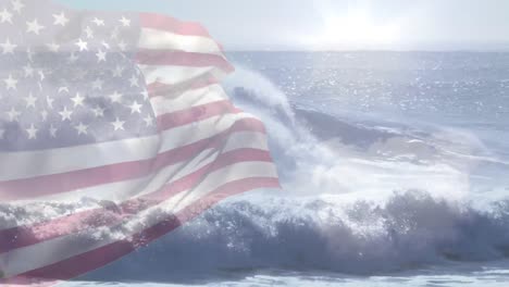 digital composition of waving us flag against waves in the sea